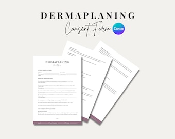 以下が含まれることがあります： 「Dermaplaning Consent Form Canva」というテキストが上部に書かれた、白黒の印刷可能なダーマプランニング同意書。このフォームには、顧客情報、医療情報、治療情報のセクションが含まれています。