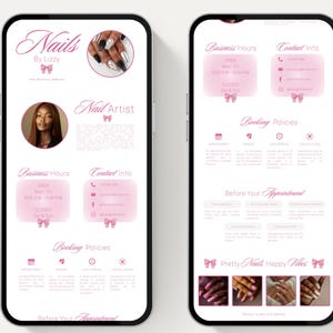 May include: Two smartphones displaying a nail salon's website. The first screen shows the salon's name, a photo of a nail design, a portrait of a woman, business hours, and contact information. The second screen displays booking policies and nail art examples.
