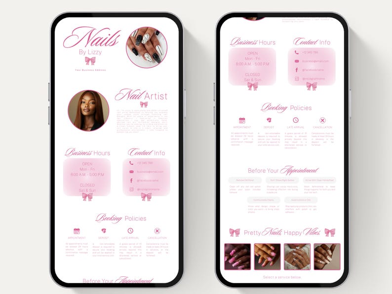 May include: Two smartphones displaying a nail salon's website. The first screen shows the salon's name, a photo of a nail design, a portrait of a woman, business hours, and contact information. The second screen displays booking policies and nail art examples.