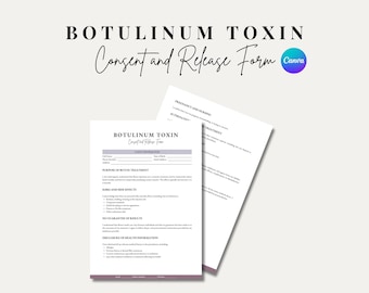 Puede incluir: Dos hojas de papel blanco con texto, una titulada "Botulinum Toxin Consent and Release Form". La otra hoja es parcialmente visible. La parte superior de la imagen tiene las palabras "Botulinum Toxin Consent and Release Form" en una fuente decorativa.