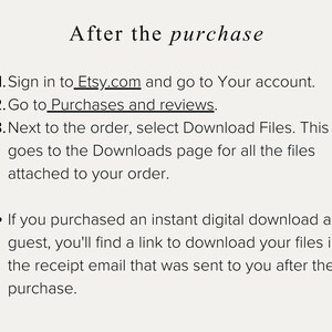 May include: Text on a cream background reads "After the purchase" followed by instructions on how to download files from Etsy after a purchase. The text includes steps for accessing the download page.