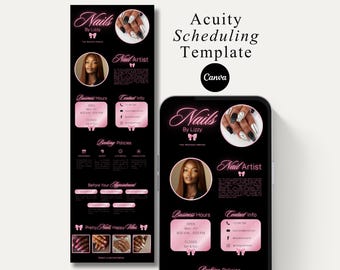 Puede incluir: Una plantilla digital en negro y rosa para un salón de uñas, con el texto "Nails By Lizzy" y "Nail Artist". El diseño incluye horarios comerciales, información de contacto, políticas de reserva e imágenes de arte de uñas. La plantilla está diseñada para Canva.