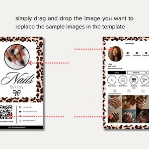 May include: A business card and an Instagram profile mockup for a nail artist. The business card features a leopard print border, a logo that says "Nails By Lizzy", and a QR code. The Instagram profile shows a profile picture and nail art examples.