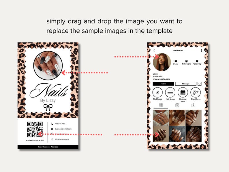 May include: A business card and an Instagram profile mockup for a nail artist. The business card features a leopard print border, a logo that says "Nails By Lizzy", and a QR code. The Instagram profile shows a profile picture and nail art examples.