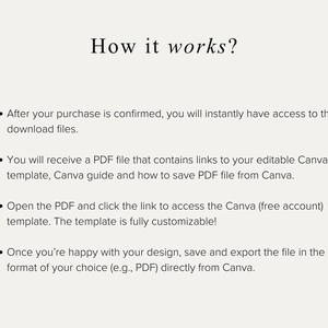 May include: Cream-colored graphic with the title "How it works?" and bullet points explaining the process of accessing and customizing a Canva template after purchase. The text describes the steps to download, open, and edit the template.