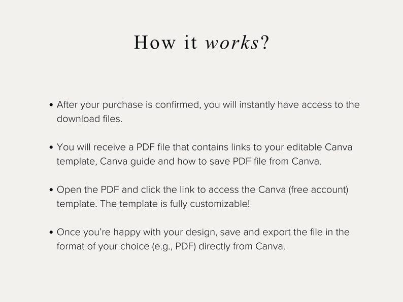 May include: Cream-colored graphic with the title "How it works?" and bullet points explaining the process of accessing and customizing a Canva template after purchase. The text describes the steps to download, open, and edit the template.