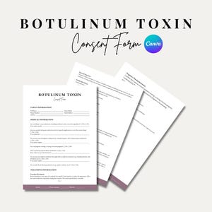Könnte beinhalten: Ein Botulinumtoxin-Einverständnisformular mit dem Titel "Botulinum Toxin Consent Form" in violetter Schrift. Das Formular enthält Abschnitte für Kundeninformationen, medizinische Informationen und Behandlungsinformationen.