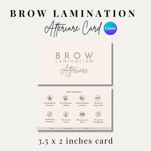 Könnte beinhalten: Eine hellbraune Karte mit dem Text "BROW LAMINATION Aftercare" in Schwarz. Die Karte ist in zwei Abschnitte unterteilt. Der obere Abschnitt trägt den Titel "BROW LAMINATION Aftercare" in einer größeren Schriftgröße. Der untere Abschnitt enthält eine Liste von Anweisungen für die Nachsorge, darunter "Vermeiden Sie es, sie nass zu machen", "Nicht berühren oder reiben", "Vermeiden Sie ölbasierte Produkte", "Bürsten Sie die Augenbrauen täglich", "Vermeiden Sie aggressive Behandlungen", "Verwenden Sie ein Augenbrauenseren", "Schlafen Sie auf dem Rücken" und "Färben Sie nicht sofort". Die Karte ist 8,9 cm x 5,1 cm groß.