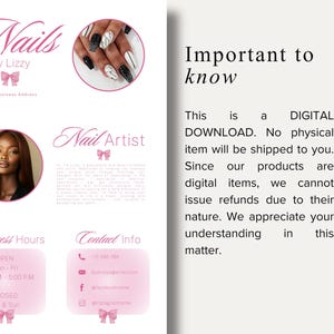 May include: A pink and white digital flyer for a nail artist, "Nails by Lizzy." The flyer includes a photo of a woman, nail art examples, business hours, and contact information. Text states, "This is a DIGITAL DOWNLOAD."