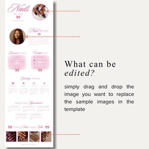 May include: A pink and white graphic for a nail artist, featuring the text "Nails by Lizzy" and a photo of a nail artist. Includes business hours, contact info, and booking policies.