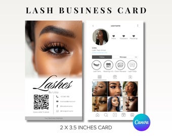 May include: A business card design for a lash technician. The card features a close-up of an eye with long lashes and the word "Lashes" in script. The card is 2 x 3.5 inches.