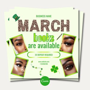 May include: A light green promotional flyer with the text "MARCH" in a leopard print font and "books are available" in green. The flyer features images of eyes and a green shamrock, with a leprechaun hat.