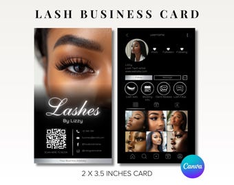 May include: A black and white business card design for a lash tech artist. The card features a close-up of an eye with long lashes and the text "Lashes By Lizzy". The card is 2 x 3.5 inches.