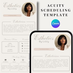 May include: A pink and white template for scheduling appointments with a business called "Esthetics by Lizzy". The template includes a photo of a woman, business hours, contact information, and booking policies.