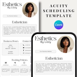 May include: A white and black mobile phone mockup with a business card design for an esthetician. The design features a black and white photo of a woman with the text "Esthetics by Lizzy" and "Esthetician".