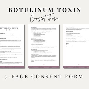Puede incluir: Un formulario de consentimiento de tres p&aacute;ginas para tratamientos con toxina botul&iacute;nica. El formulario incluye informaci&oacute;n del cliente, historial m&eacute;dico, informaci&oacute;n sobre el tratamiento y reconocimientos del cliente. El formulario est&aacute; dise&ntilde;ado para su uso en un entorno m&eacute;dico.