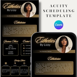 Puede incluir: Una plantilla de tarjeta de visita negra y dorada para una esteticista. La tarjeta presenta una foto de una mujer con cabello oscuro sobre un fondo dorado. El texto en la tarjeta dice "Esthetics by Lizzy" e incluye el horario comercial y la información de contacto. La tarjeta también incluye una sección para las políticas de reserva.