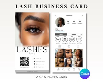 May include: A business card design for a lash technician, featuring a close-up of an eye with long lashes. The card includes contact information, a QR code, and an Instagram profile display. The card measures 2 x 3.5 inches.