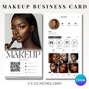 May include: A makeup business card design featuring a professional headshot of a makeup artist holding a brush. The card includes the text "MAKEUP By Lizzy", a QR code, and social media handles. The card measures 2 x 3.5 inches.