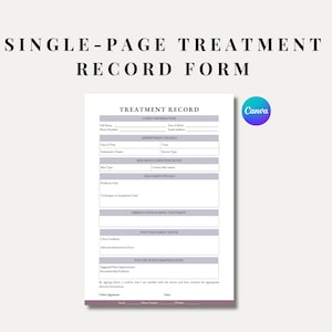 May include: A printable treatment record form with sections for client information, appointment details, skin notes, treatment details, observations during treatment, post treatment notes, and follow up recommendations. The form is designed for use in a beauty or wellness business.