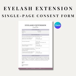 Könnte beinhalten: Ein druckbares Einverständnisformular für Wimpernverlängerungen mit einem lila und weißen Farbschema. Das Formular enthält Abschnitte für Kundeninformationen, Gesundheitsdaten und Einwilligung und Freigabe.