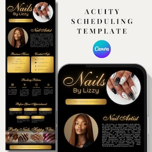May include: A black and gold Acuity scheduling template for a nail salon, featuring the text "Nails By Lizzy" and a photo of a nail artist. The template includes business hours, contact info, and booking policies.