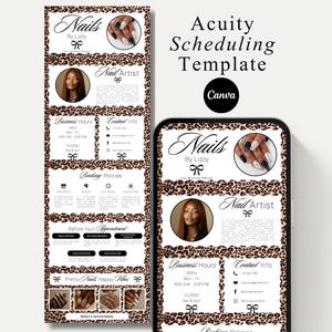 May include: Acuity Scheduling Template for Nails by Lizzy, displayed on a phone and a vertical print. The design features a leopard print border, with sections for business hours, contact info, and booking policies. The text "Nails by Lizzy" is prominent.