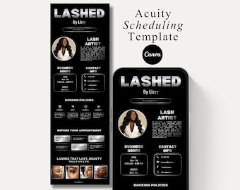 May include: A black and white digital template for a lash artist, featuring the text "LASHED By Lizzy" and business information. The design includes a photo of the lash artist, business hours, contact info, and booking policies.
