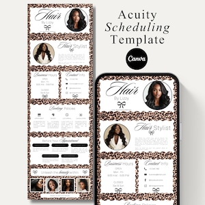 May include: Acuity scheduling template for a hair stylist, featuring a leopard print border. The design includes the text "Hair by Lizzy", business hours, contact information, and booking policies. The template is displayed on a phone and a flyer.