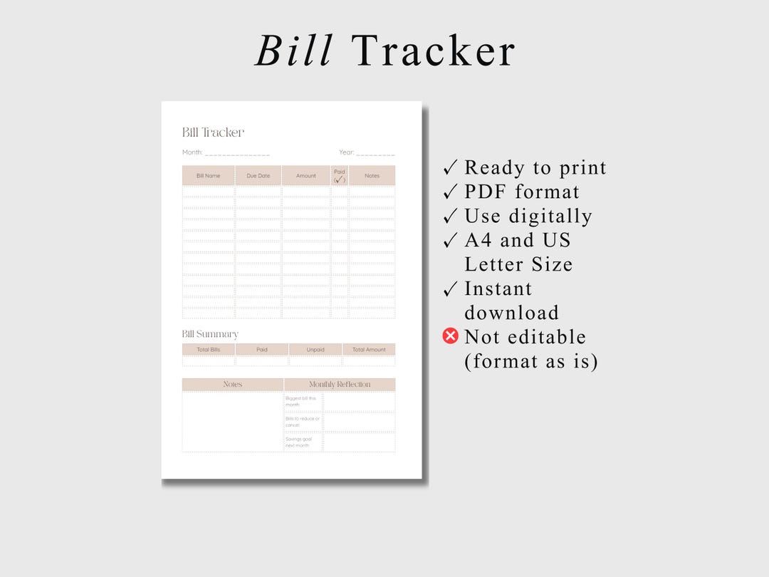 Monthly Bills Template Bill Payment Log Bill Due Planner Bill Payment ...