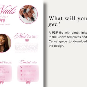 May include: A pink and white flyer for a nail artist, featuring the text "Nails by Lizzy" and a photo of manicured nails. The flyer includes business hours, contact information, and a photo of a woman. The text "What will you get?" is also visible.