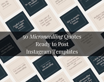 Può includere: Un collage di 50 modelli Instagram con citazioni sulla microneedling. I modelli sono disposti in una griglia con sfondi beige e blu scuro alternati. Il testo sui modelli è in bianco e nero. Il testo include citazioni come "Glow up, level up", "Needles? More like magic wands", "Take care of your skin; it's your forever outfit", "Skin so smooth, it feels like butter", "Say yes to microneedling", "Did you know Microneedling can help with acne scars and hyperpigmentation", "Transform your skin, one session at a time", "Radiance starts with a little self-care", "Get yours with microneedling", "Microneedling works wonders", "Microneedling your ally", "A little boost for your skin's natural healing process".