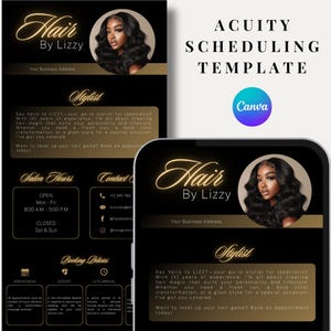 May include: A black and gold business card template for a hair stylist named Lizzy. The card features a photo of a woman with long, dark hair, and the text "Hair by Lizzy" in a gold script font. The card also includes the stylist's business address, salon hours, contact information, and booking policies.