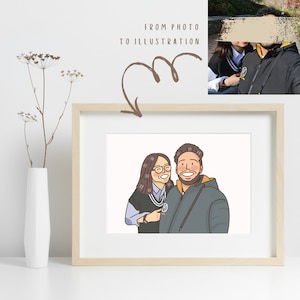 Retrato personalizado, retrato de casal minimalista, ilustração fofa de desenho animado, desenho de casal, presente personalizado, presente de casamento, presente de memória para ele