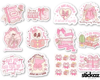 May include: A set of 10 pink and white stickers with book-themed designs. The stickers feature various quotes about books, including "Books are my love language", "In my bookish girl era", "Buy me books and call me a good girl", "Just one more chapter", "Books are my happy place", "I've lived a thousand lives", "Reading is my therapy", "I'm all booked", "If you really love me send me a book", and "Just a girl who loves books & coffee".