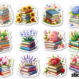 May include: Twelve colourful stickers featuring stacks of books with various flowers and plants on top. The stickers are on a white background.
