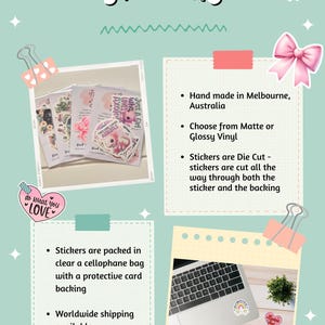 May include: A collection of stickers featuring cute illustrations of axolotls, a girl, and a bee. The stickers are die-cut and available in matte or glossy vinyl. The stickers are handmade in Melbourne, Australia and come packaged in a clear cellophane bag with a protective card backing.