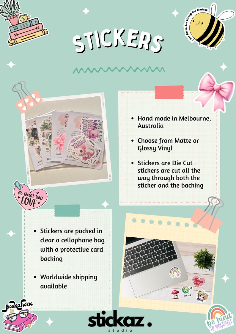 May include: A collection of stickers featuring cute illustrations of axolotls, a girl, and a bee. The stickers are die-cut and available in matte or glossy vinyl. The stickers are handmade in Melbourne, Australia and come packaged in a clear cellophane bag with a protective card backing.