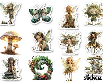 May include: A collection of whimsical stickers featuring fairies, a mushroom, and a butterfly. The stickers showcase detailed illustrations with soft color palettes, including greens, browns, and yellows. The stickers are on a white background.