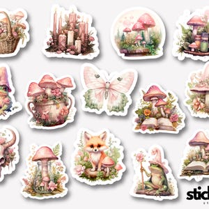 May include: A set of 10 whimsical stickers featuring various illustrations of mushrooms, butterflies, frogs, foxes, and other woodland creatures. The stickers are all in a pastel pink and green colour scheme and have a whimsical, fairytale-like aesthetic.