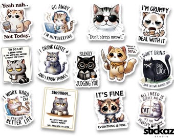 13 pcs Sassy Funny Sarcastic Cats Kittens Stickers Glossy or Matte