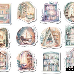 May include: A set of 10 colourful stickers featuring illustrations of cosy reading nooks with bookshelves, windows, and plants. The stickers are perfect for decorating journals, laptops, water bottles, and more.