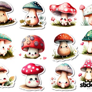 12 pcs Cute Adorable Mushrooms scrapbooking planner journal Vinyl Stickers Glossy or Matte