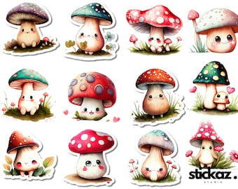 12 pcs Cute Adorable Mushrooms scrapbooking planner journal Vinyl Stickers Glossy or Matte