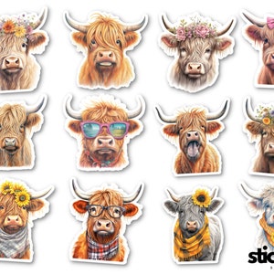 May include: Twelve colorful stickers featuring Highland cows with different accessories. The cows are wearing flowers, sunglasses, glasses, and bandanas. The stickers are perfect for adding a touch of whimsy to laptops, water bottles, or journals.