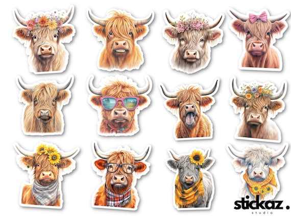 12 pcs Highland Cows Scottish Cows Vinyl Stickers Glossy or Matte