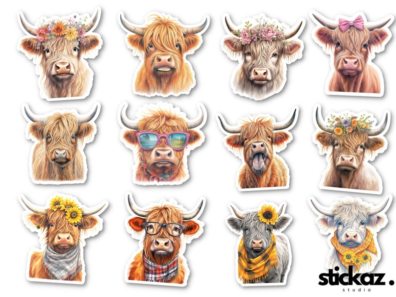 May include: Twelve colorful stickers featuring Highland cows with different accessories. The cows are wearing flowers, sunglasses, glasses, and bandanas. The stickers are perfect for adding a touch of whimsy to laptops, water bottles, or journals.