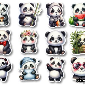 May include: A set of twelve panda bear stickers in different poses. Some pandas hold food, wear accessories, or interact with bamboo. The stickers have a white backing and a glossy finish, with the text "stickaz. studio".