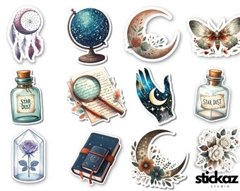 May include: Set of 10 stickers featuring celestial and nature-inspired designs. The stickers include a crescent moon, a hand with a crescent moon, a globe with stars, a bottle with the text "Star Dust", a magnifying glass, a journal with a crescent moon, a flower arrangement, a moth, a dreamcatcher, and a rose in a glass dome.