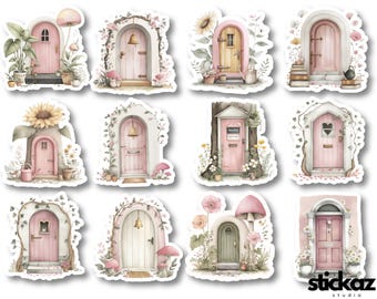 12 pcs Pink Fairy Doors Fairy Houses Scrapbooking Planner Journal Vinyl Stickers Glossy or Matte